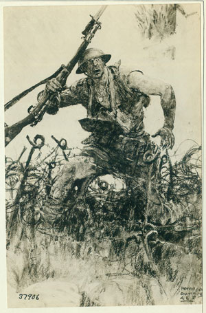 Doughboy Fighting through Barbed Wire Entanglement, 12/21/1918. From the Records of the Office of the Chief Signal Officer. National Archives Identifier 12060634.